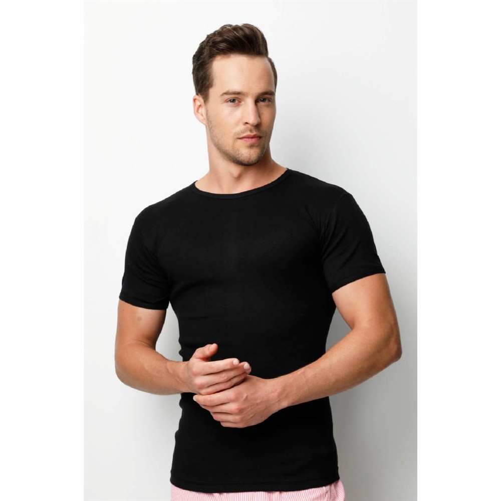 Ανδρικό φανελάκι κοντομάνικο slim fit t-shirt 100% βαμβάκι Μάυρο 1 τεμ